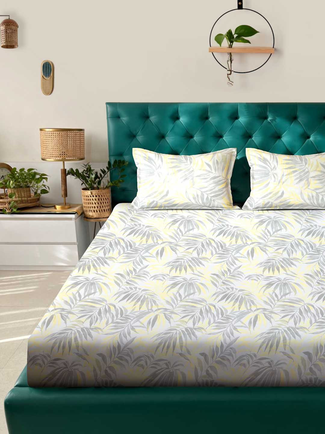 ROSARA HOME Yellow Floral 200 TC Cotton King Bedsheet with 2 Pillow Covers