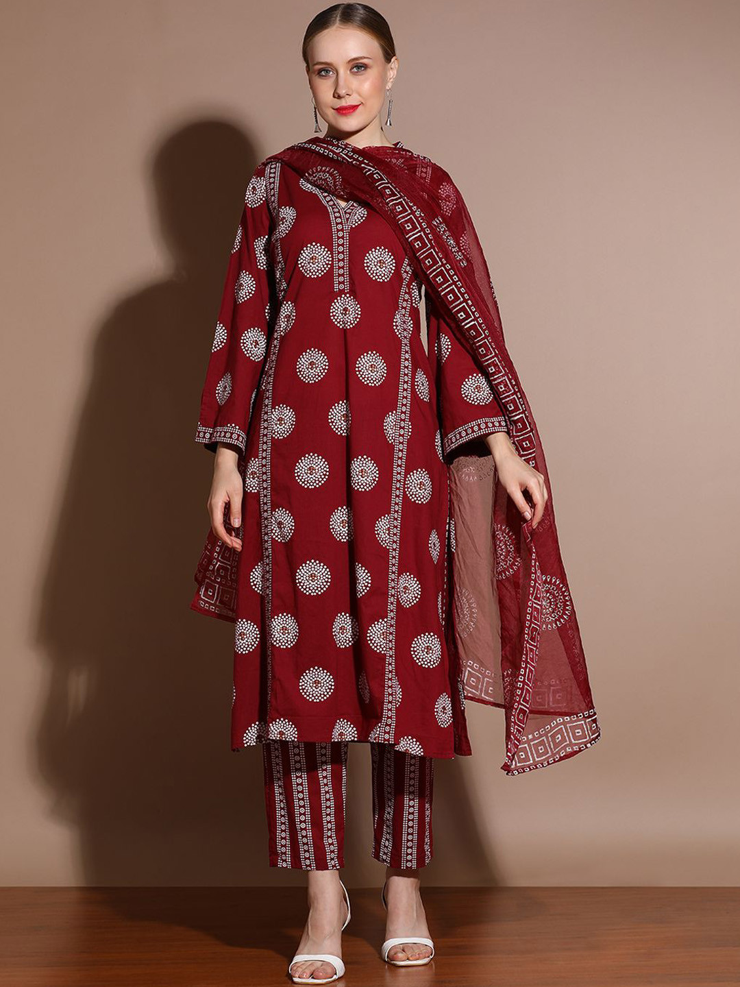 Anouk Marron Floral Printed Pure Cotton A-Line Kurta With Trouser & Dupatta