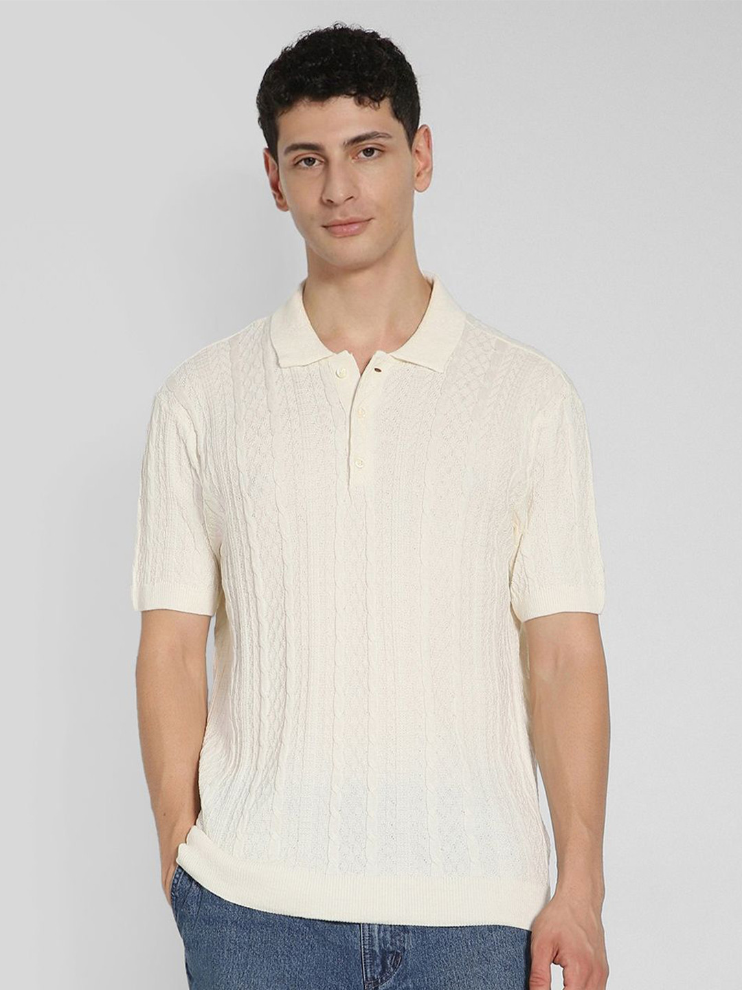 AMERICAN EAGLE OUTFITTERS Men Self Design Cable Knit Shirt Collar Pullover