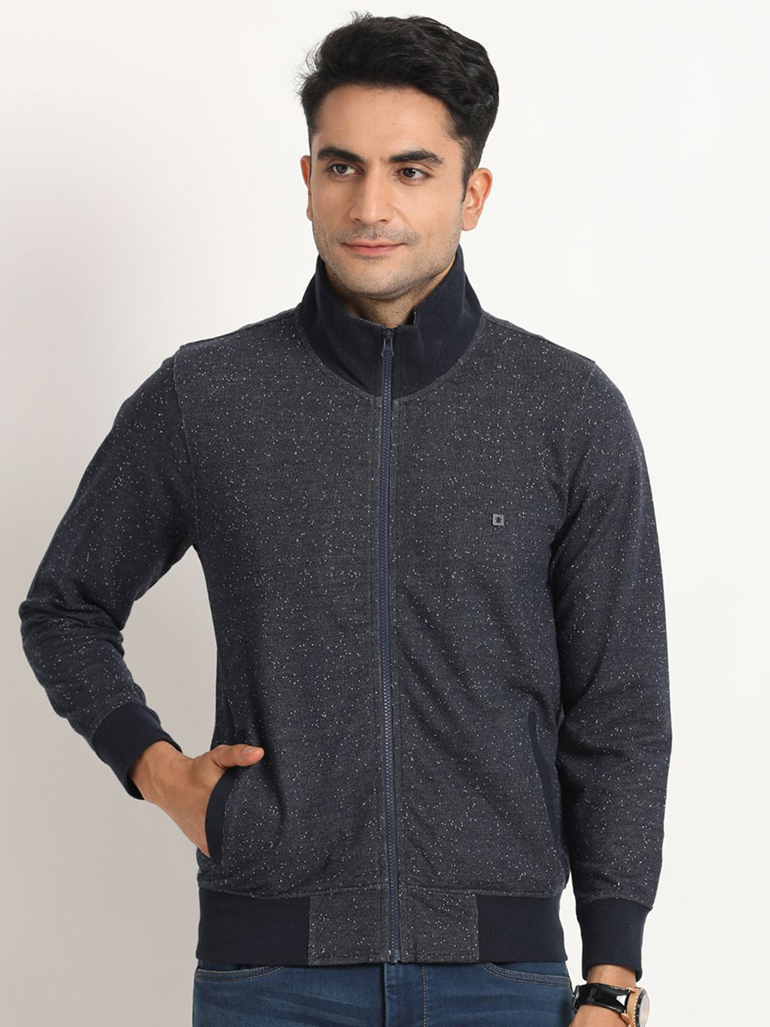 Turtle Men Conversational Printed High Neck Cotton Front-Open Sweatshirt