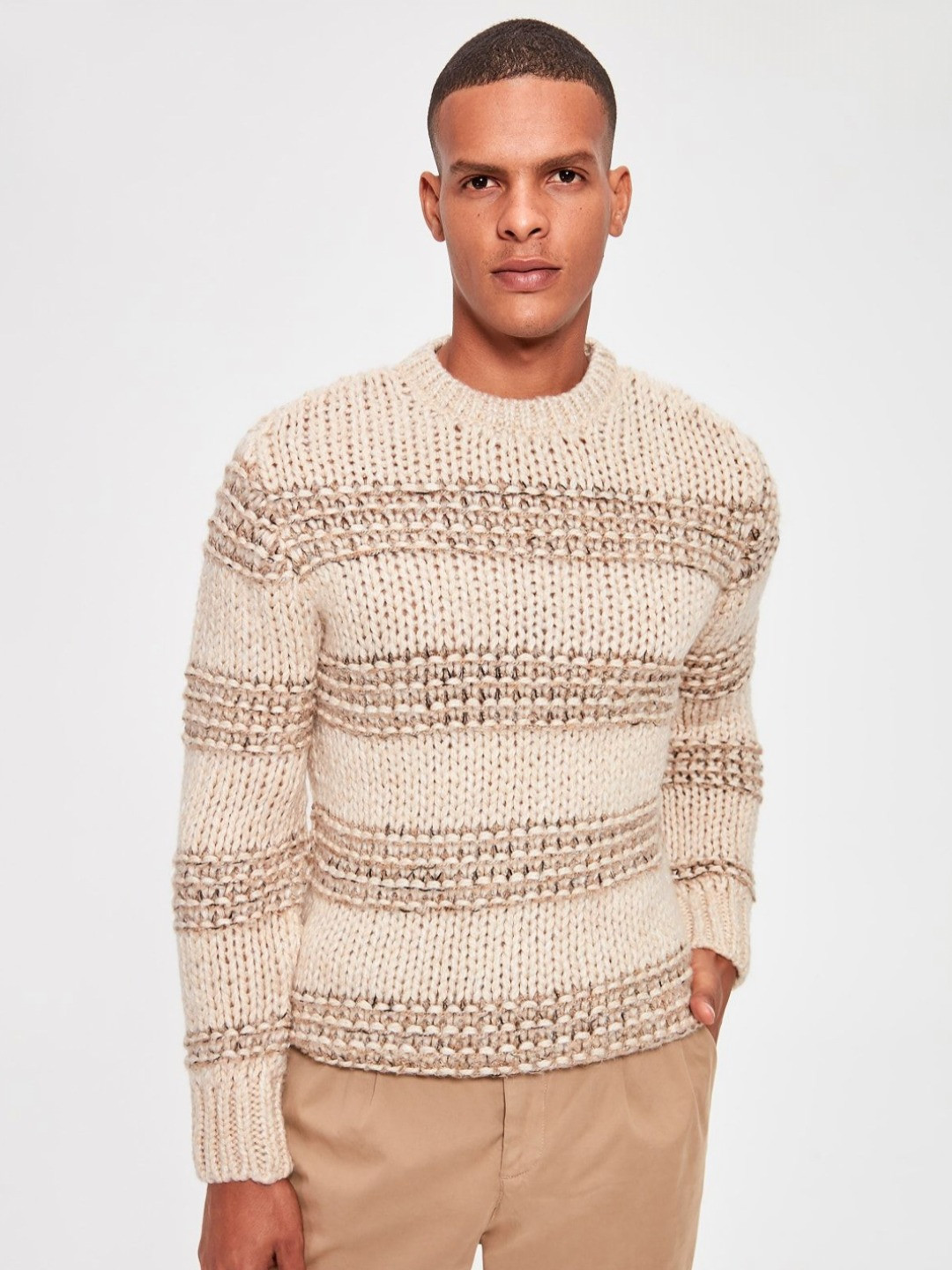 Trendyol Men Round Neck Self Design Sweater