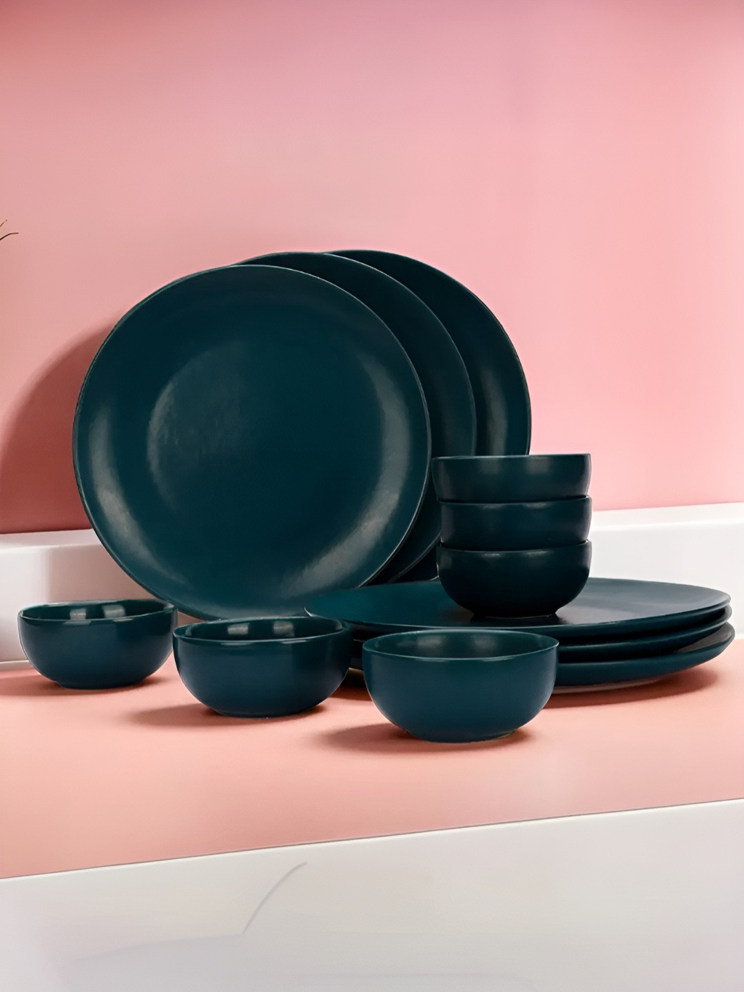 The Better Home Terra Series Teal Solid Ceramic Microwave Safe 12 Piece Dinner Set