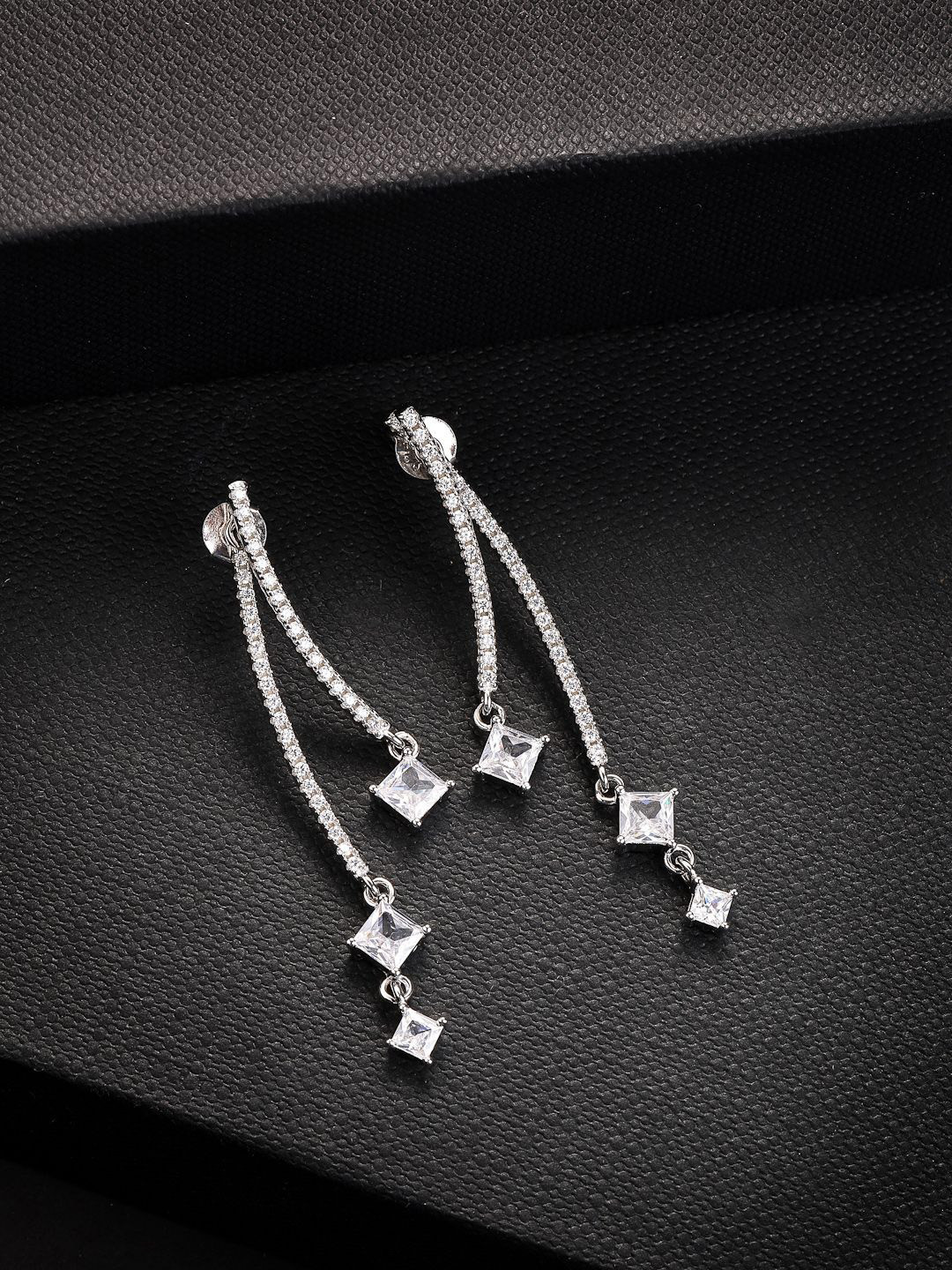 PANASH 925 Sterling Silver Rhodium-Plated CZ-Studded Drop Earrings