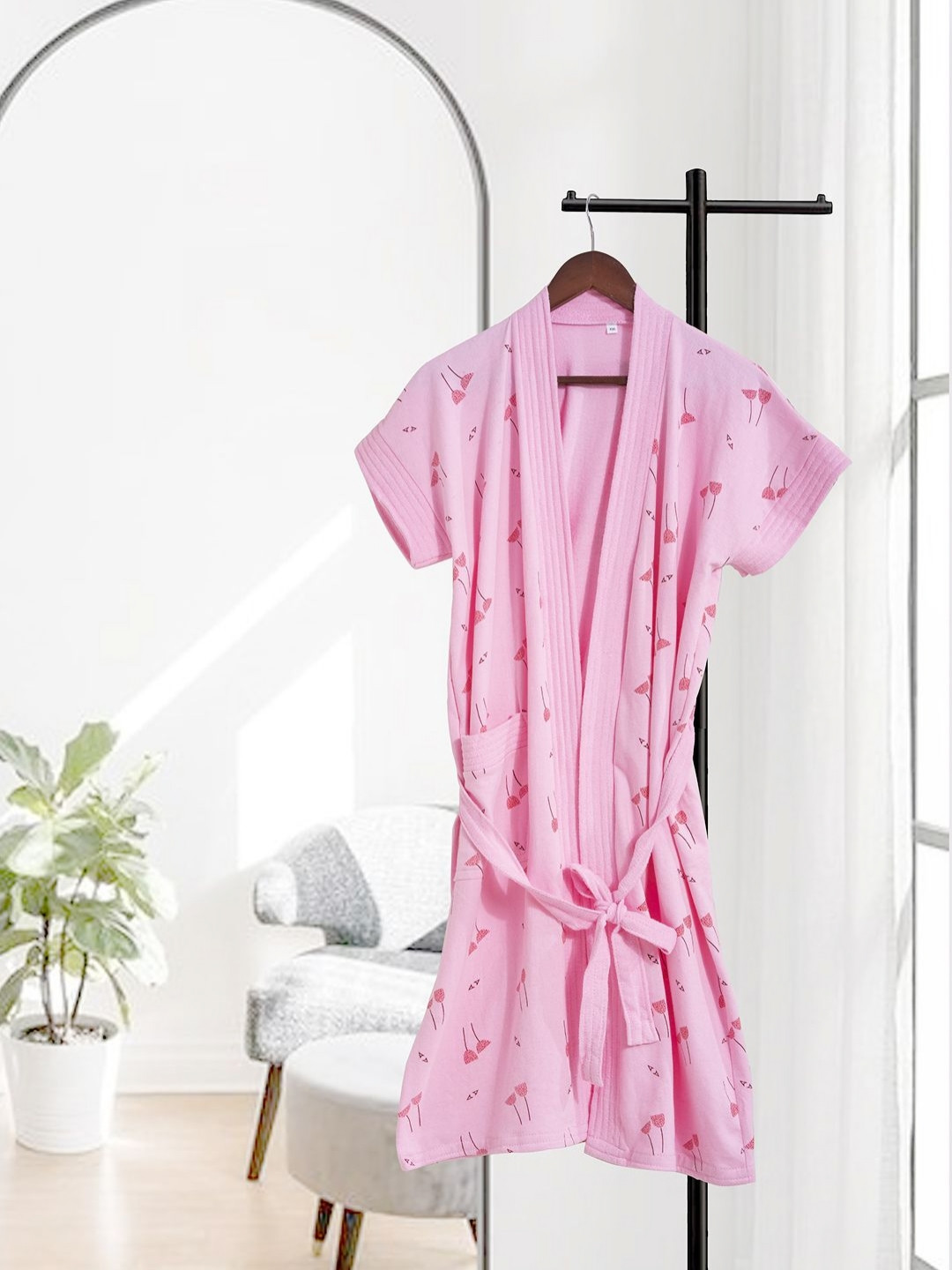LacyLook Flare Pink Conversational Terrycloth Drawstring Knee Length Bath Robe