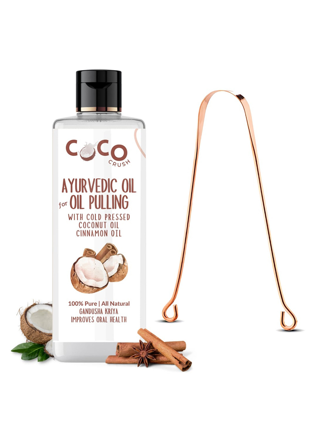 Coco Crush Ayurvedic Coconut & Cinnamon Oil For Pulling With Copper Tongue Cleaner -100ml