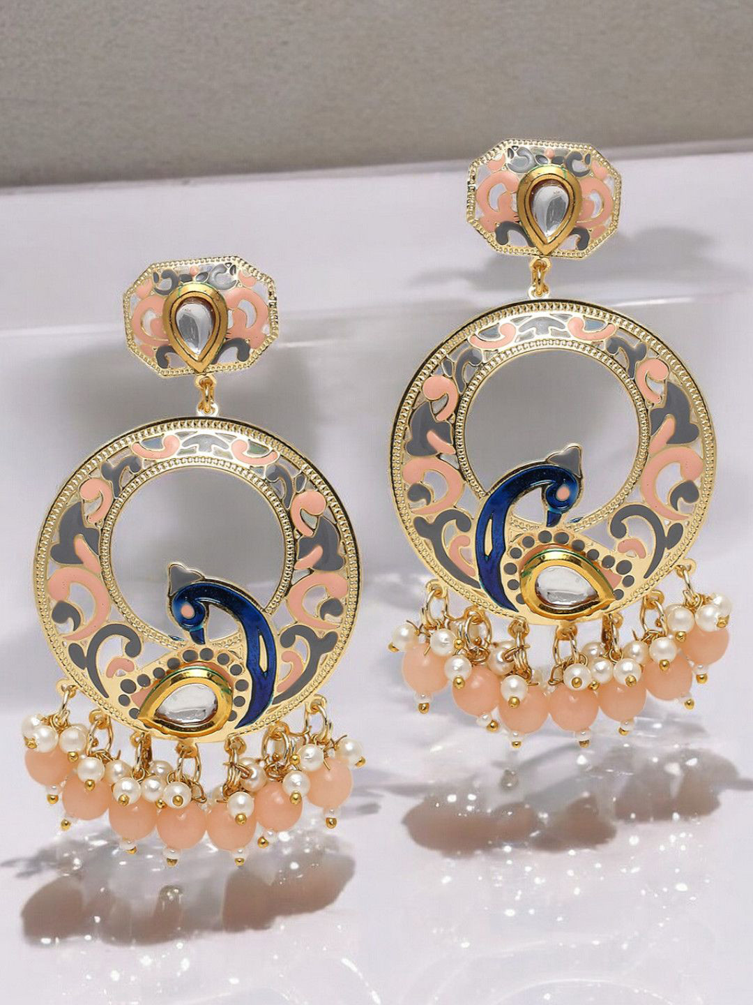 OOMPH Kundan Peacock Shaped Meenakari Chandbalis