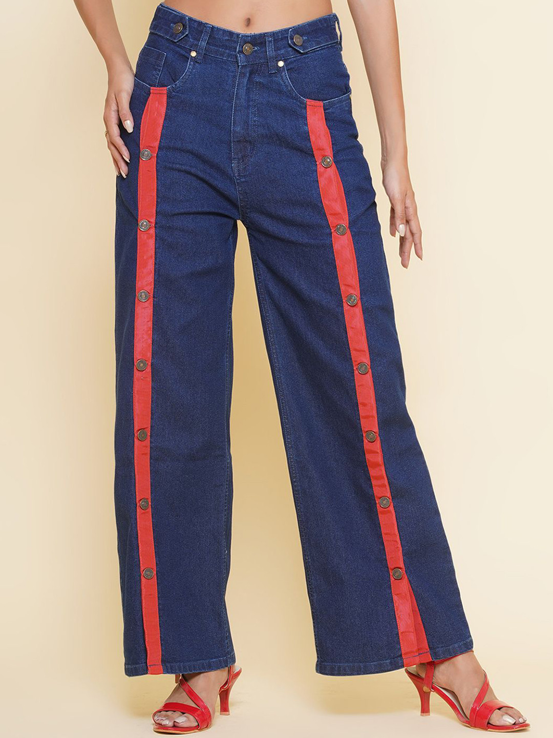 KATLINE Women Denim Tape Detail Straight Fit High Waist Jeans