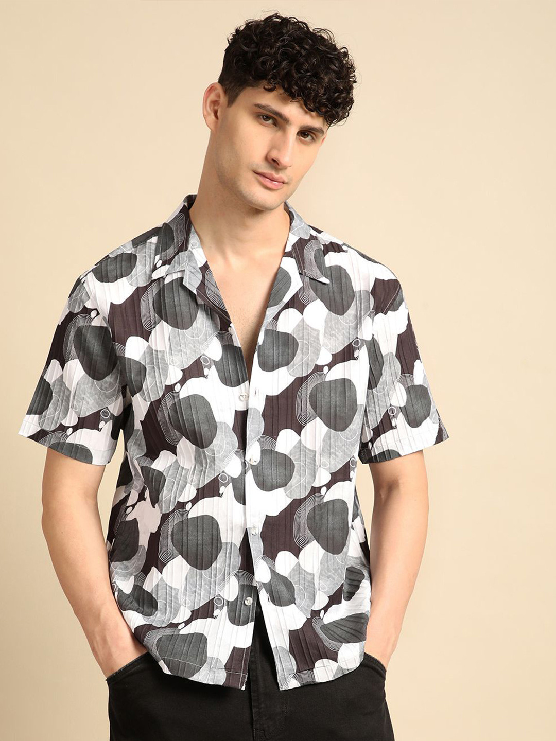 Voroxy Men New Cuban Collar Abstract Printed Polycotton Casual Shirt