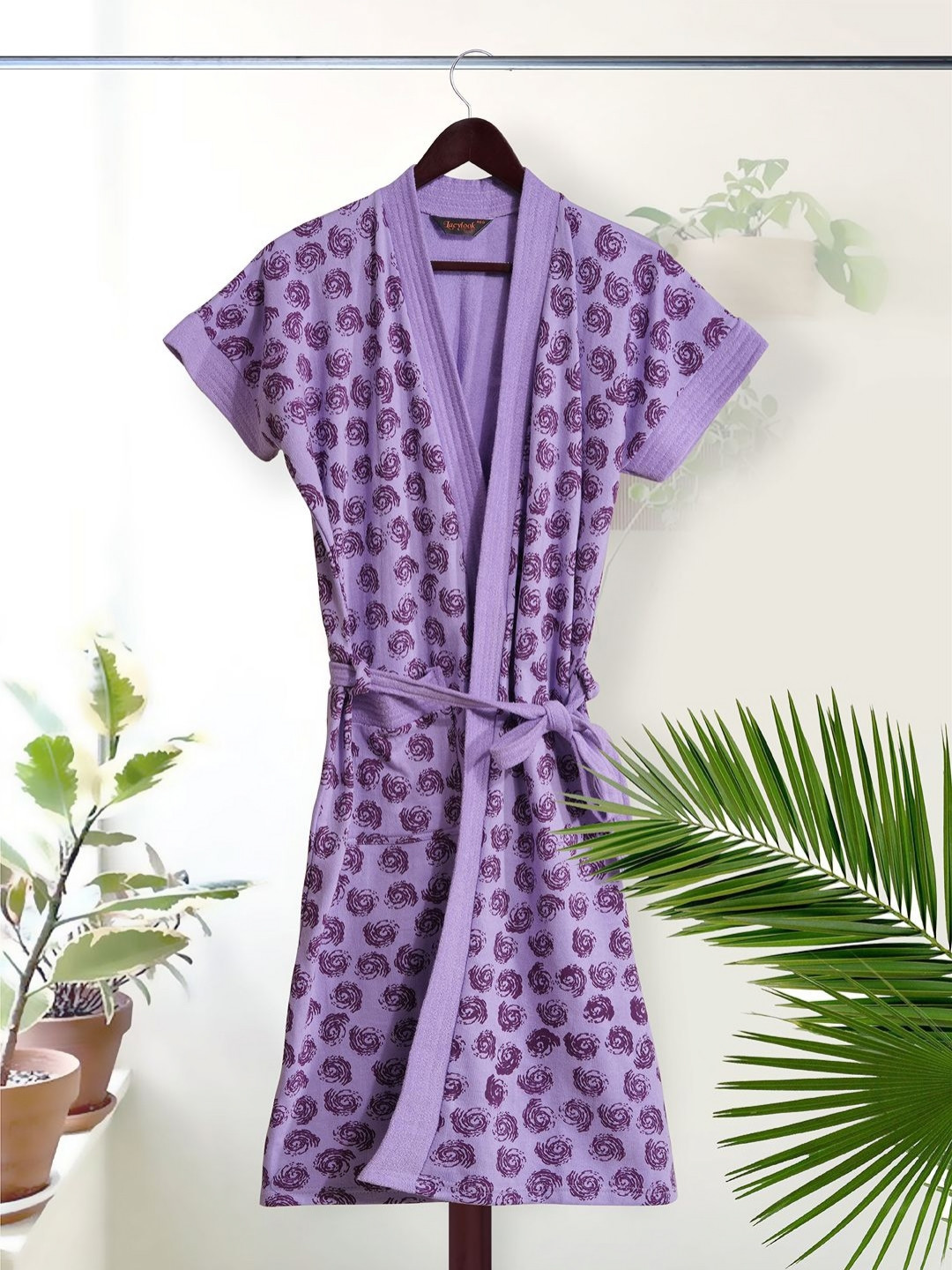 LacyLook Rose Lavender Conversational Terrycloth Drawstring Knee Length Bath Robe