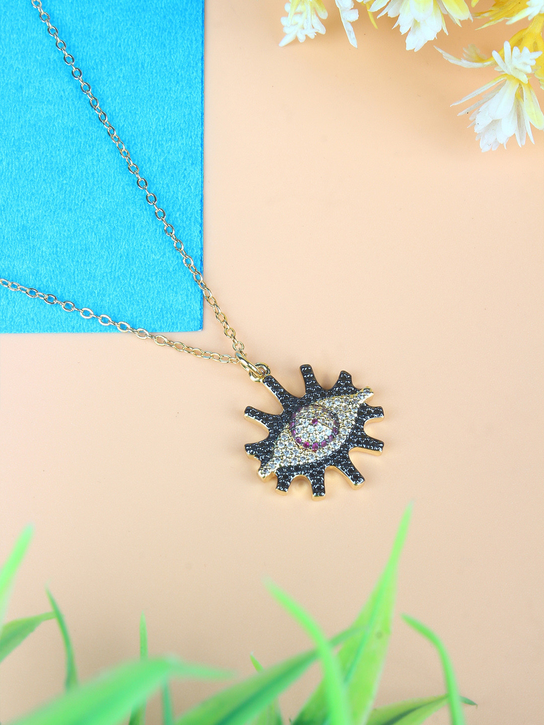 KPOP Gold-Plated Cubic Zirconia Studded Pendant With Chain