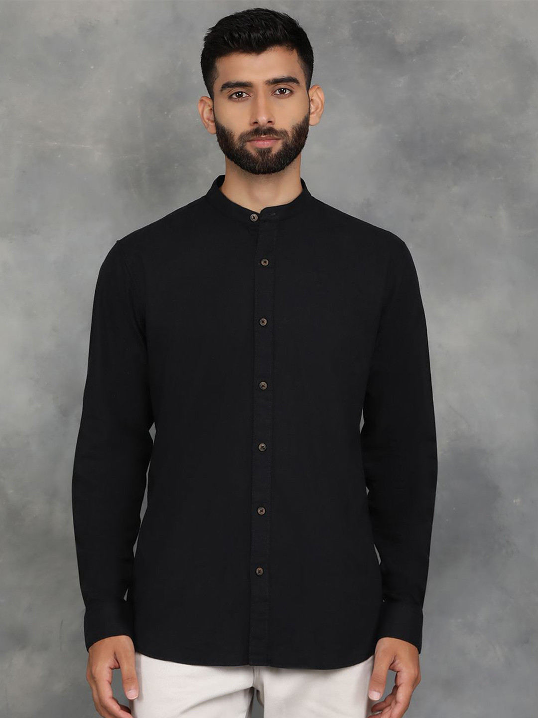 JADE BLUE Men Band Collar Solid Linen Slim Fit Casual Shirt