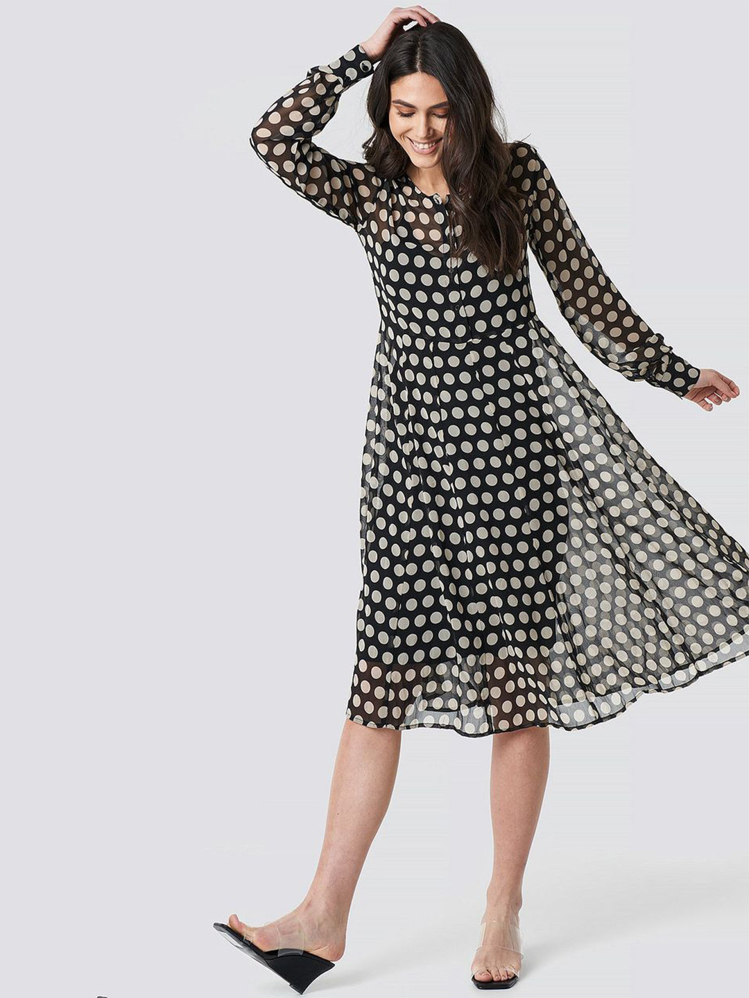 DressBerry Women's Black Polka Dots Georgette Knee Long Dress