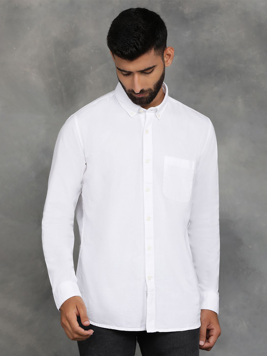 JADE BLUE Men Button-Down Collar Solid Cotton Slim Fit Casual Shirt