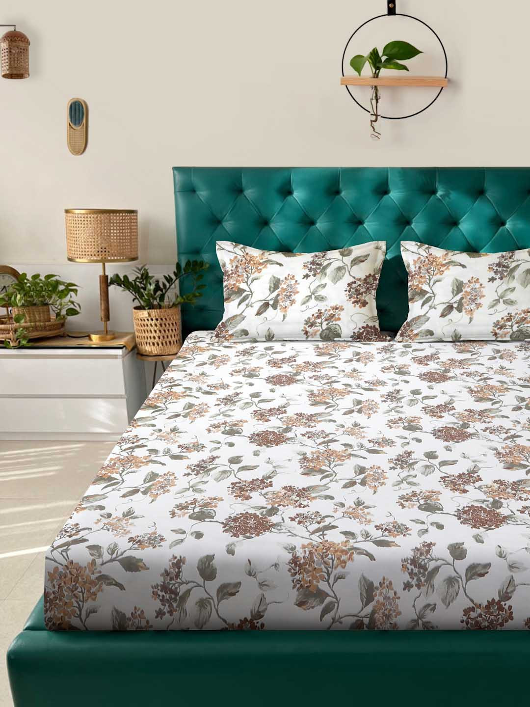 ROSARA HOME Grey Floral Cotton 200 TC Fitted King Fine Bedsheet with 2 Pillow Covers-274 x 274 cm