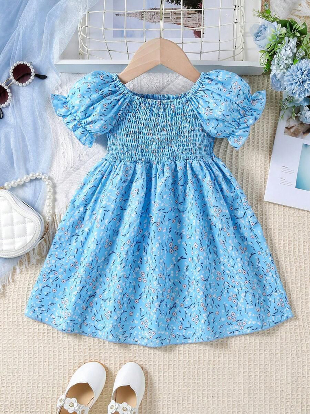 BAESD Girls Printed Smocked Fit & Flare Dress