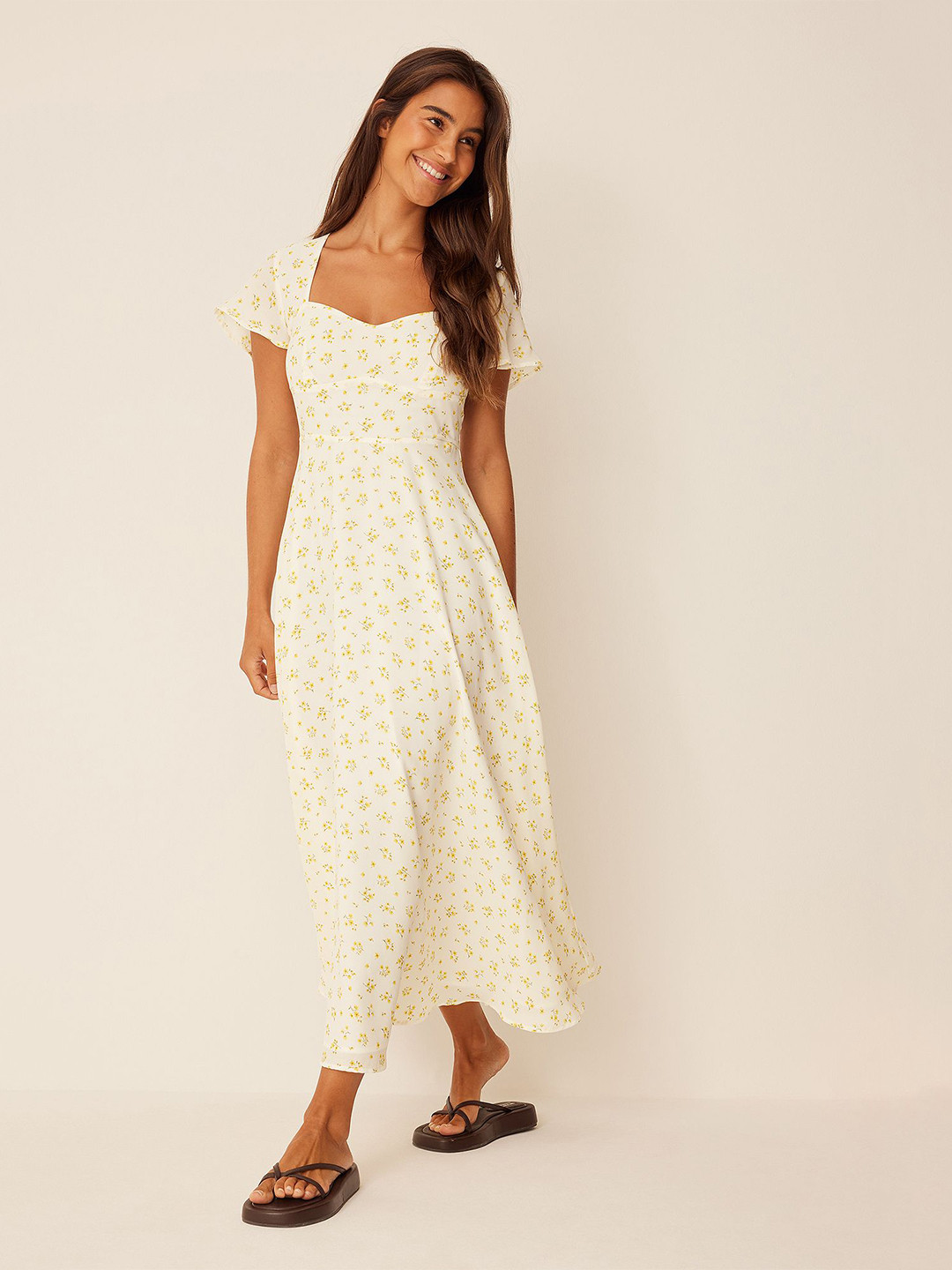 DressBerry Women's Off White FLORAL Crepe Ankle Length Dress