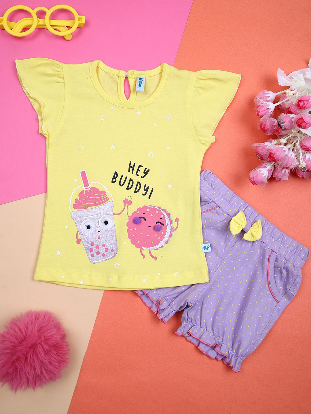 V-Mart Girls Cartoon Printed Pure Cotton T-shirt with Shorts