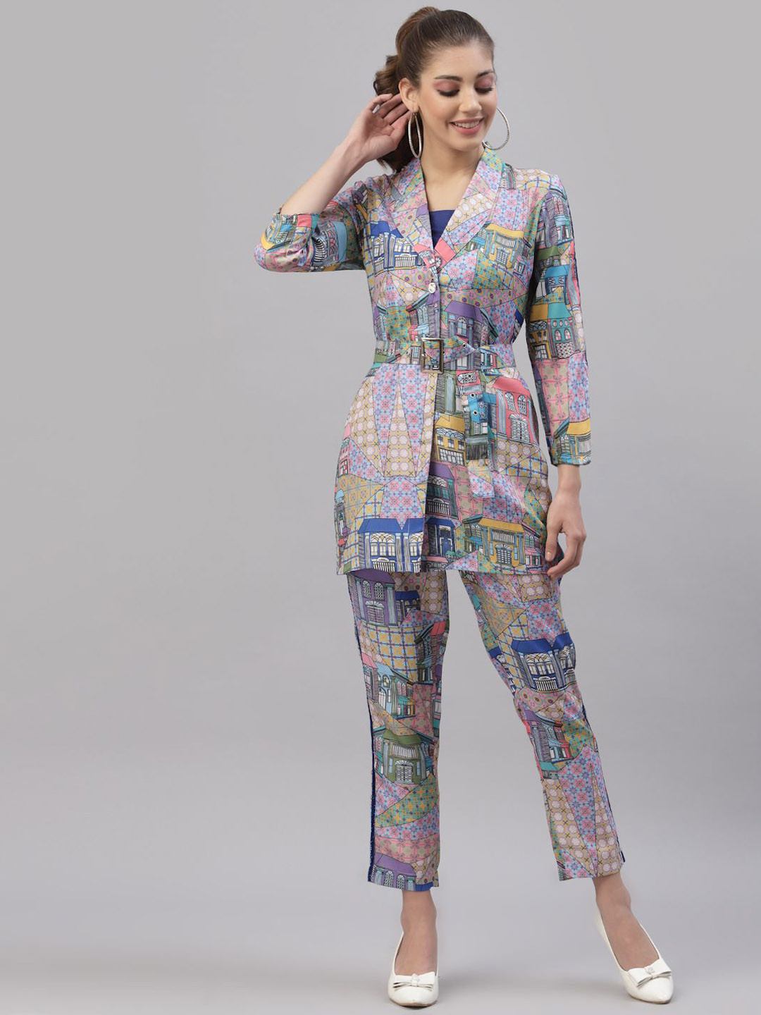 Get Glamr Printed Coat & Crop Top With Trousers