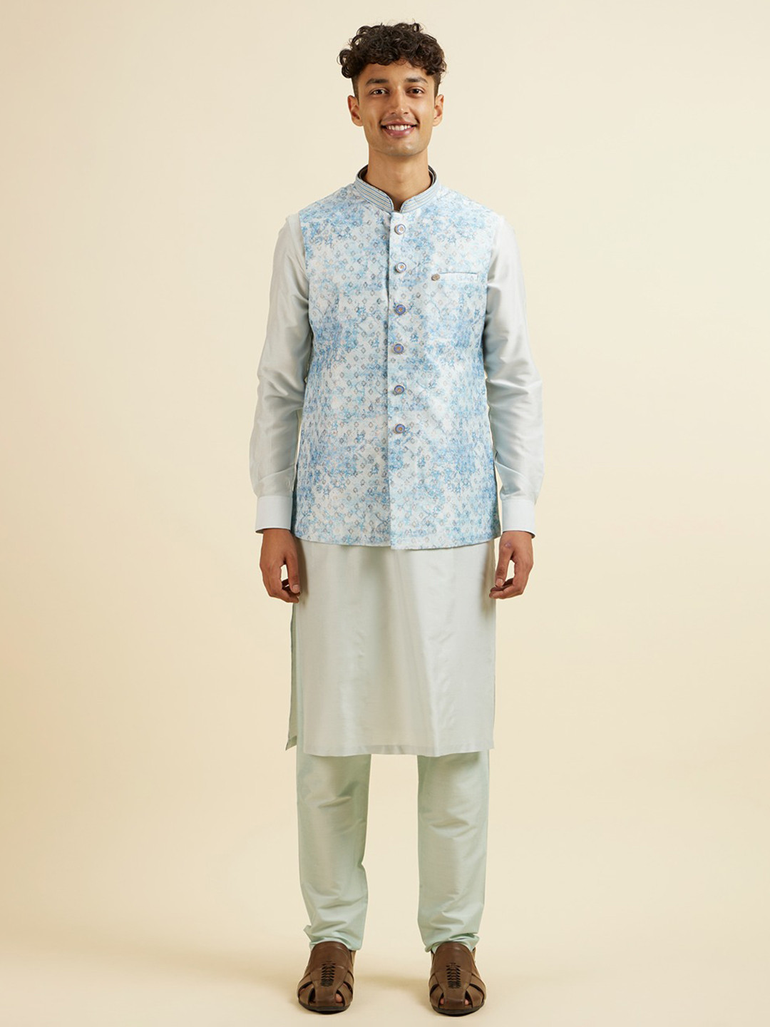 Manyavar Men Embroidered Regular Thread Work Kurta and Pyjamas with Jacket
