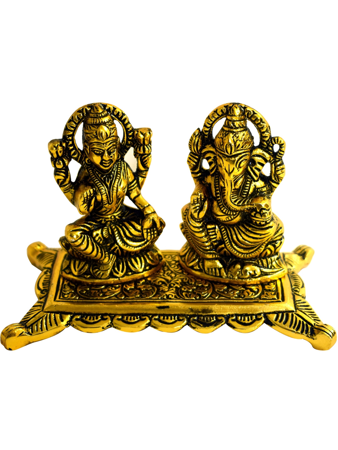 Navyaksh Laxmi Ji and Ganesha Murti Gold Metal Metallic Prayer Room Small Showpiece - 3.1 Inches