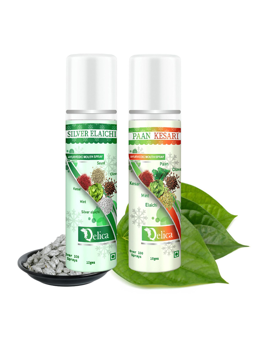 Qelica Set Of 2 Mouth Freshener Spray 10 g Each - Silver Elaichi & Paan Kesar