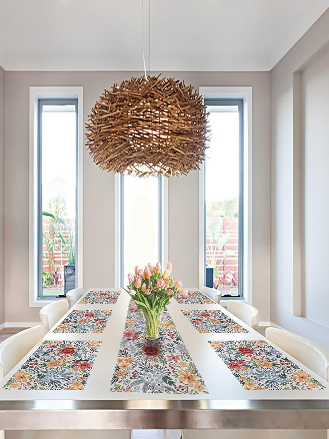 PRAKARTIK 7Pcs White & Green Printed Cotton Table Linen Set