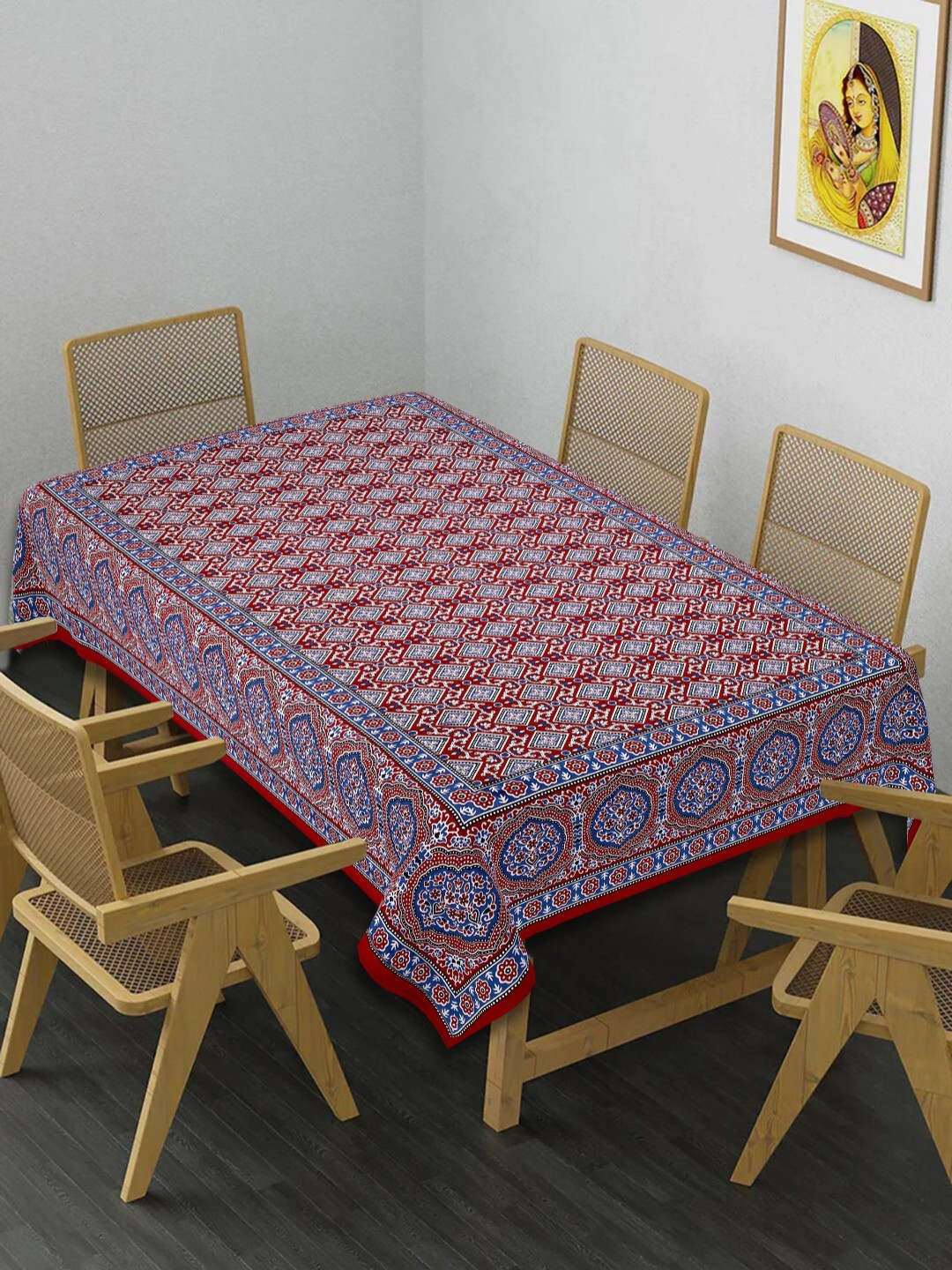 Texstylers Maroon Floral Anti-Slip Cotton 6-Seater Table Cover