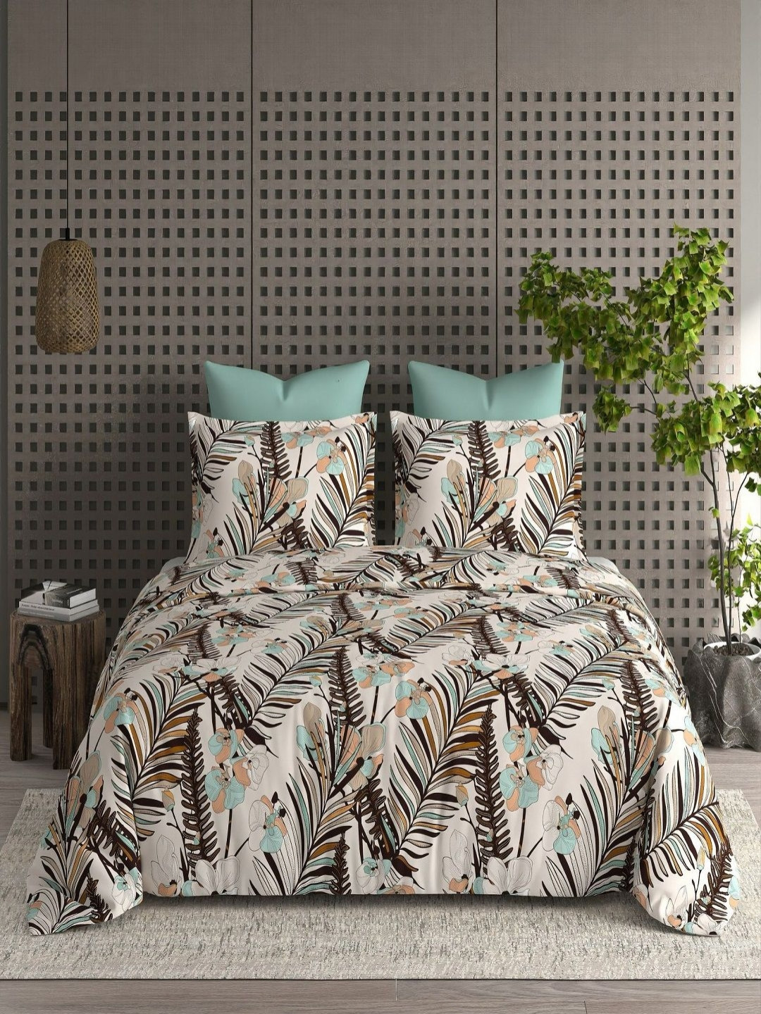 CHICERY Lifestyle Beige Leaf Cotton 210 TC King Fine Bedsheet with 2 Pillow Covers-274.32 x 274.32 cm