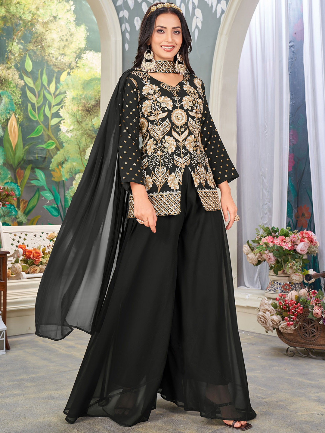 KALINI Alina Cut Floral Embroidered Sequinned Georgette Straight Kurta With Palazzos & Dupatta