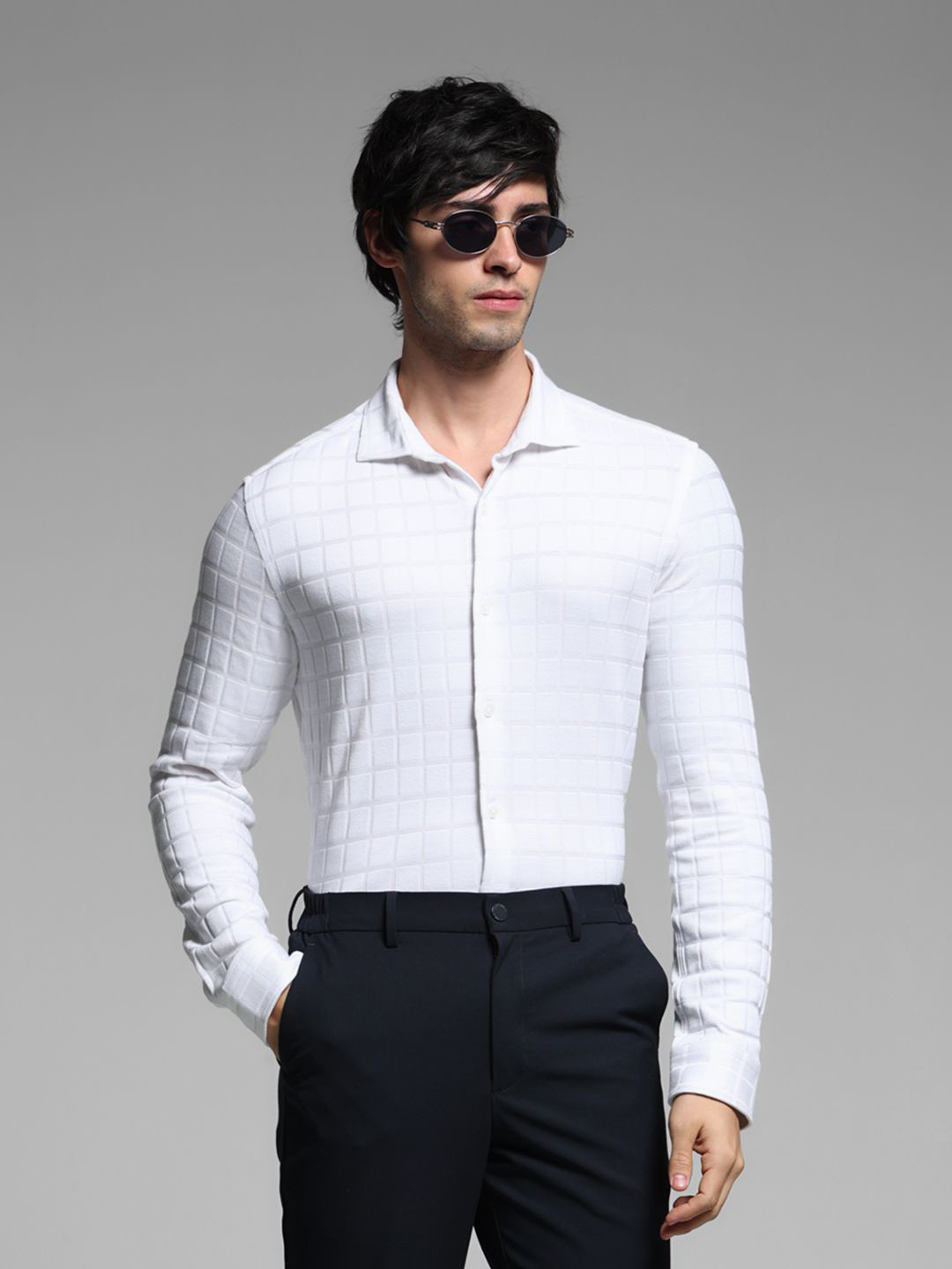 Jack & Jones Men Spread Collar Textured Cotton Slim Fit Casual Shirt