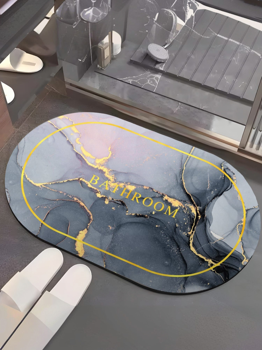 UMAI Grey Printed 150 GSM Oval Bath Mats