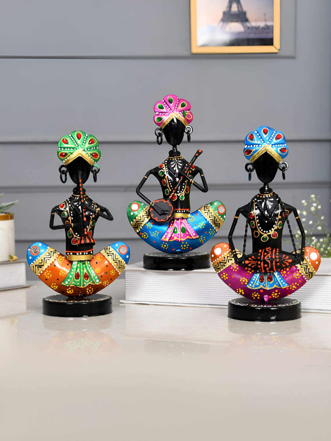 Aapno Rajasthan Rajasthani Musicians Green Metal Metallic Living Room Set of 3 Small Showpieces - 7.9 Inches