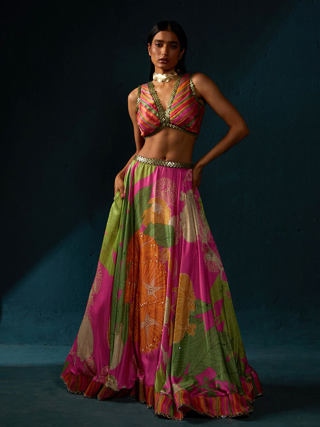 Basil leaf Printed Satin Made to Measure Lehenga & Blouse With Dupatta
