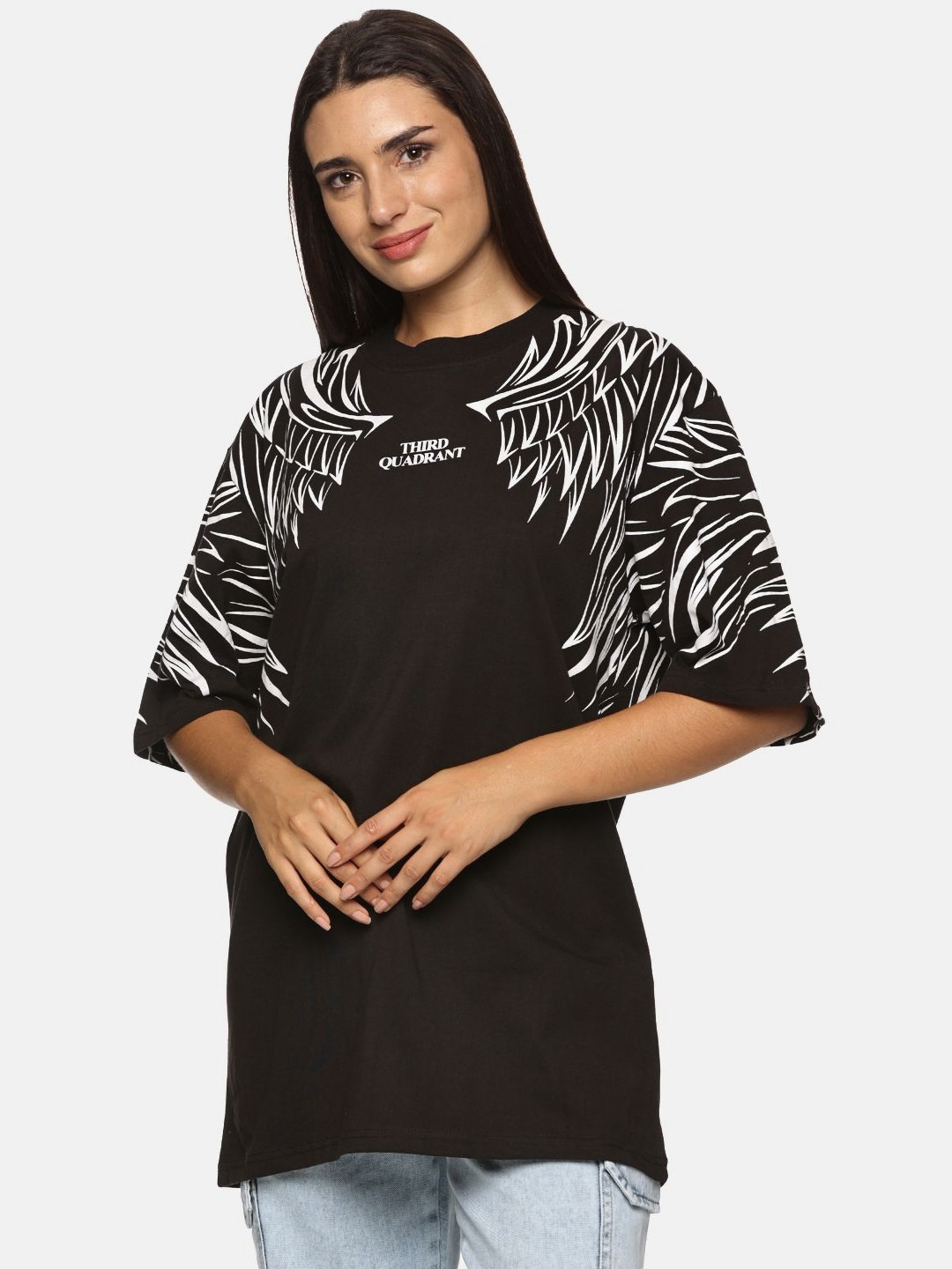 THIRD QUADRANT Women Floral Printed Hooded Applique T-shirt