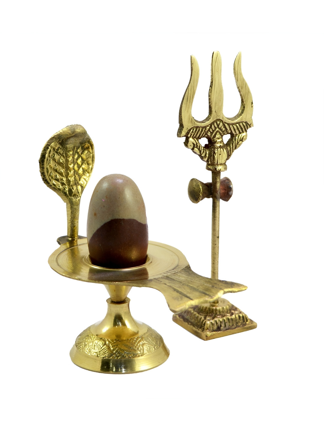 Navyaksh Narmadeshwar Shivling, Hindu Snake Hood Jalaheri, Trishul and with Stan Gold Brass Metallic Living Room Set of 3 Small Showpieces - 3.1 Inches