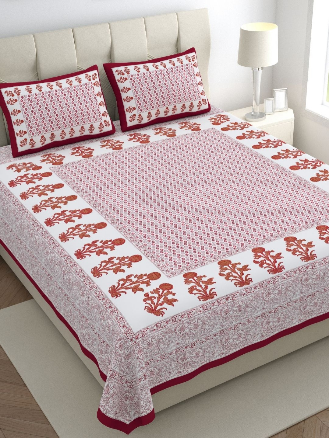 The Craft Monk White Floral Cotton 300 TC Super King Fine Bedsheet with 2 Pillow Covers-115 x 100 inches