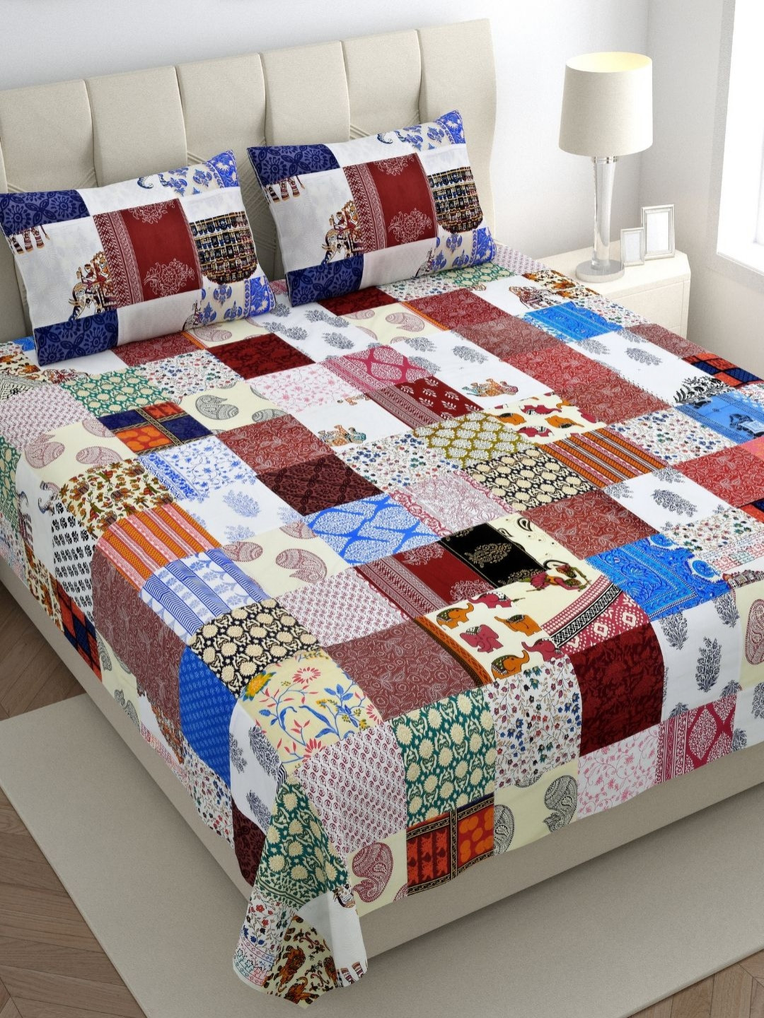 The Craft Monk Multicoloured Ethnic Motifs Pure Cotton 300 TC King Fine Bedsheet with 2 Pillow Covers-115 x 100 inches