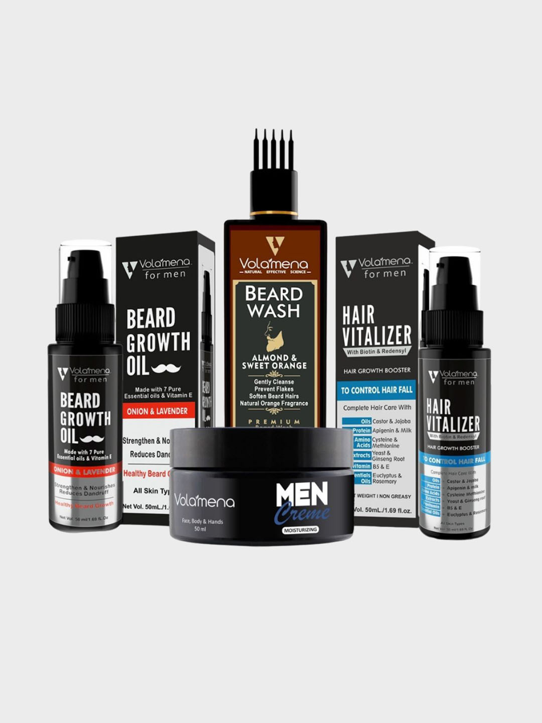 Volamena Set Of 4 Hair Serum Beard Wash Face Cream & Beard Oil Grooming Kit