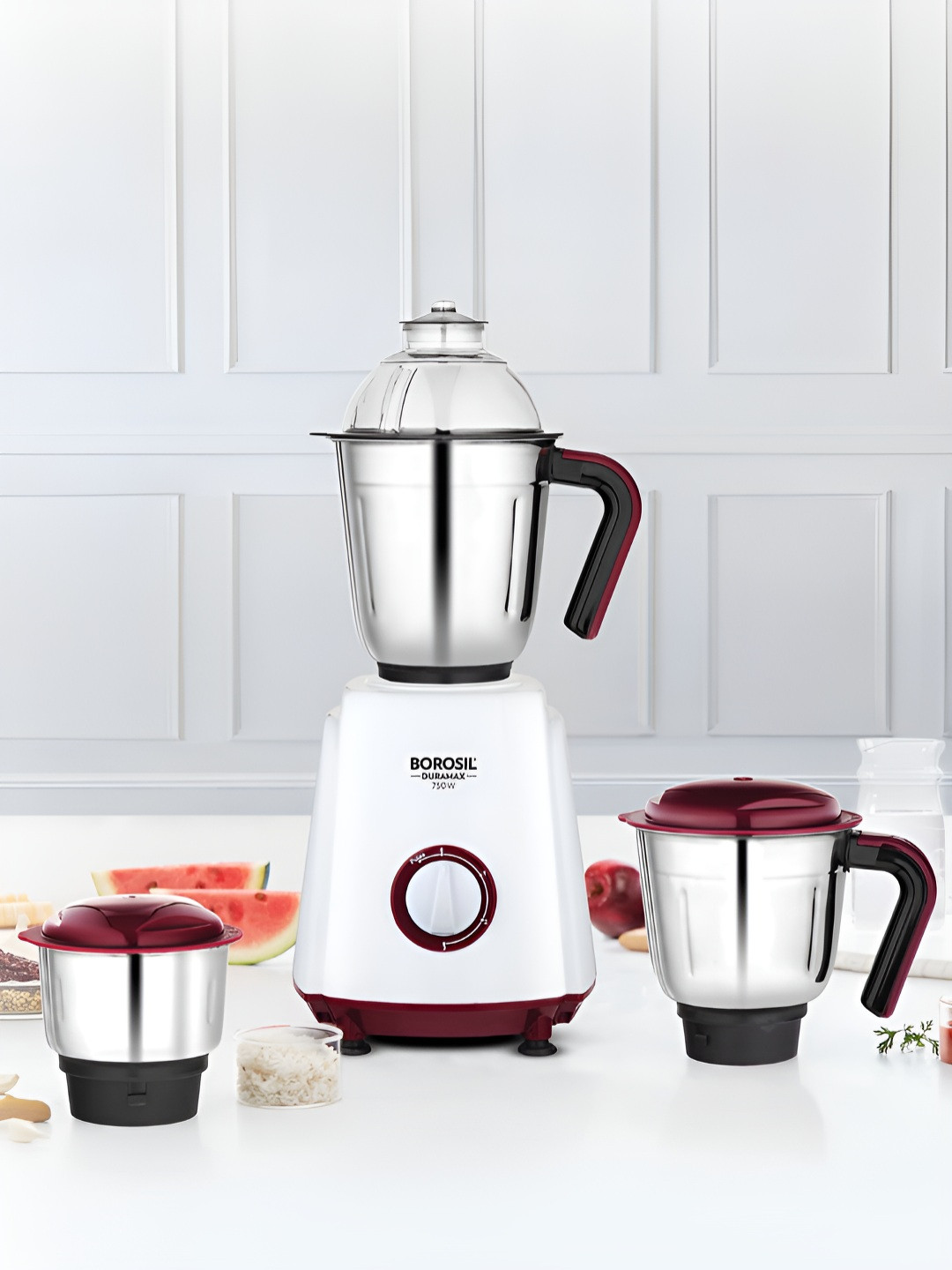 Borosil White Stainless Steel Air Vents 3 Jars Wet and Dry Grinder-750W