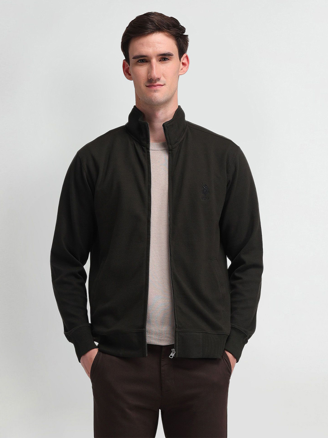 U.S. Polo Assn. Denim Co. Men Solid Mock Collar Cotton Front-Open Sweatshirt