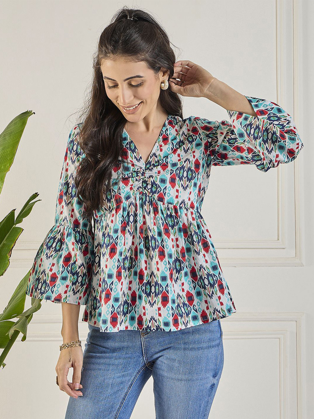 WineRed Women Abstract Printed V-Neck Cotton Top