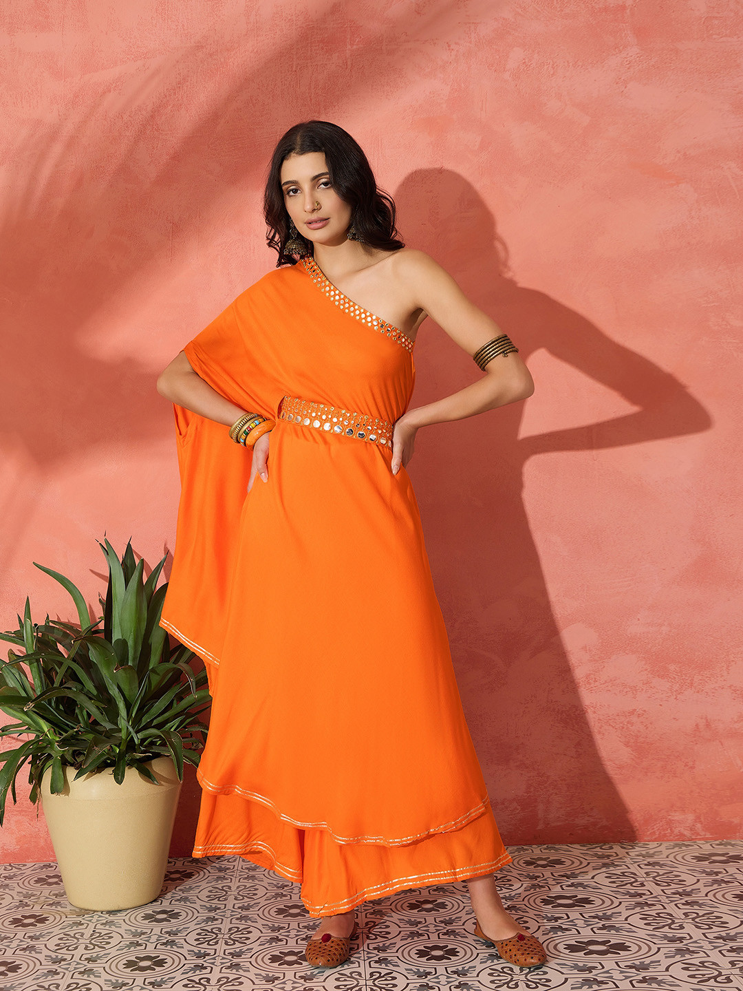 InWeave One Shoulder Mirror Work Top With Palazzo