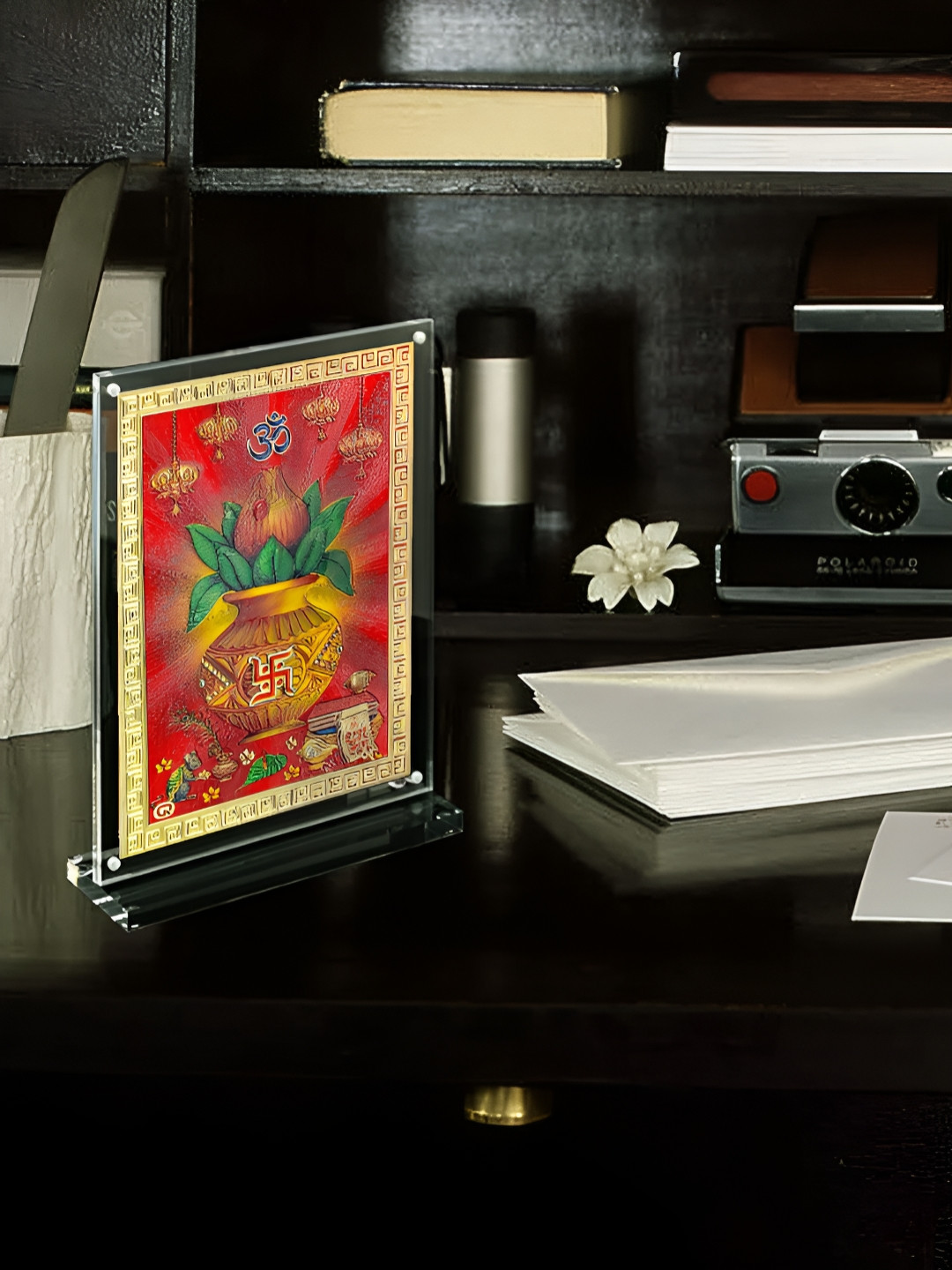 Hawai Gold Toned & Transparent Swastik Kalash Table Photo Frame