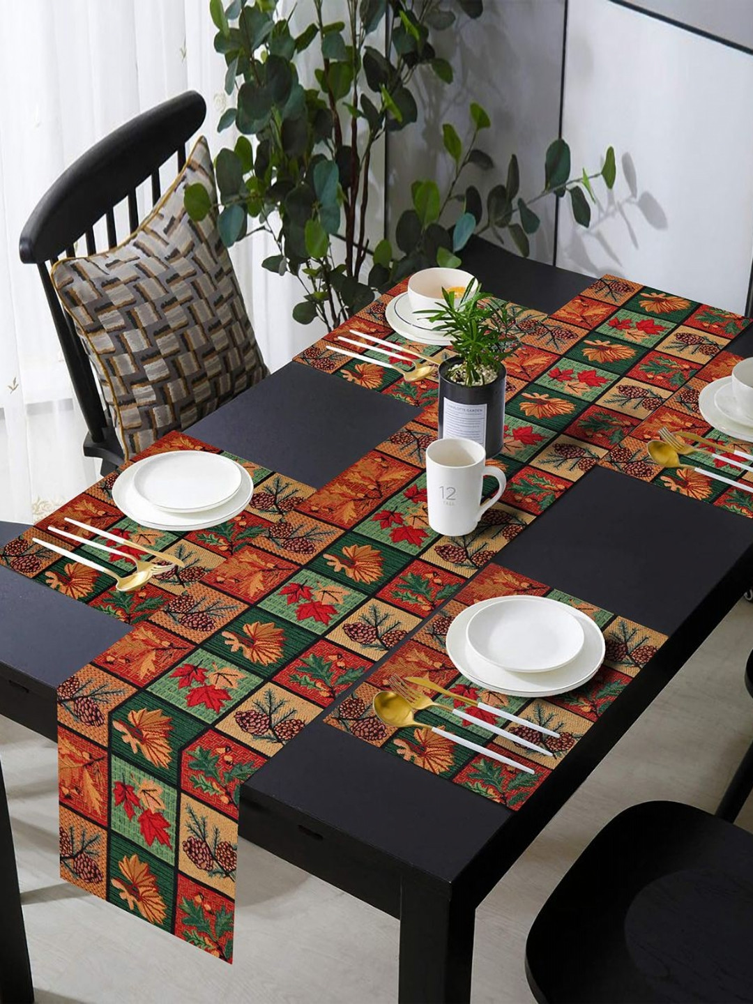 PRAKARTIK Set of 5 Brown & Green Printed Cotton Dining Table Linen Set With Runner
