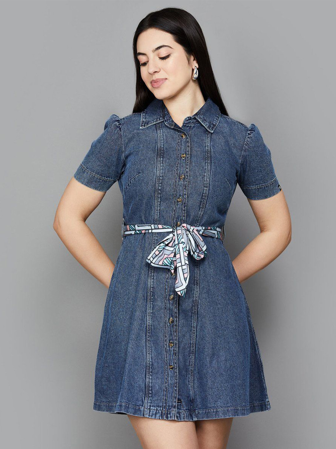 Xpose Solid Denim Short Sleeves Shirt Midi Cotton Dress