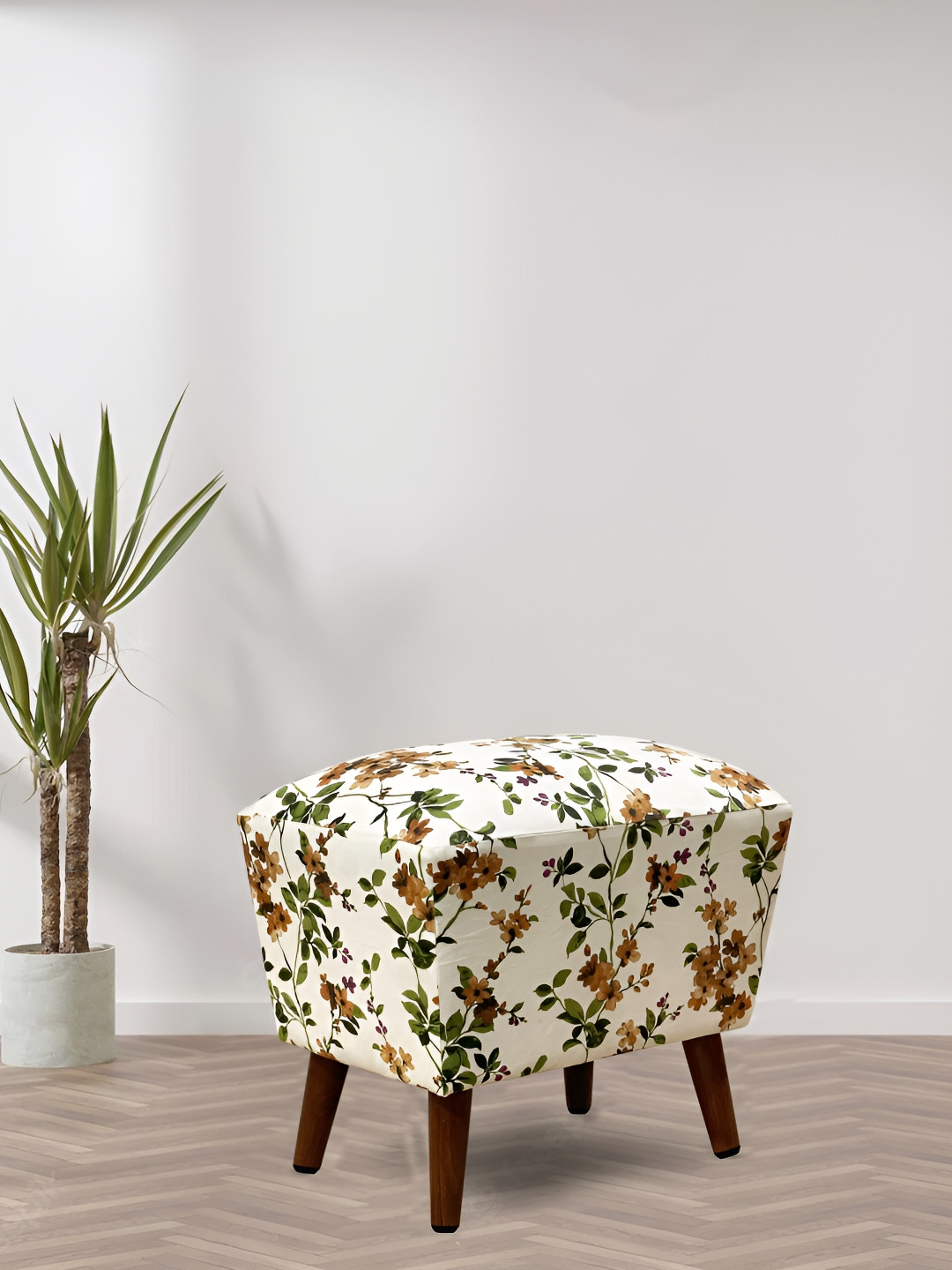 GLOBALLY INDIAN Beige & Green Printed  Wooden Rectangular Puff Ottoman