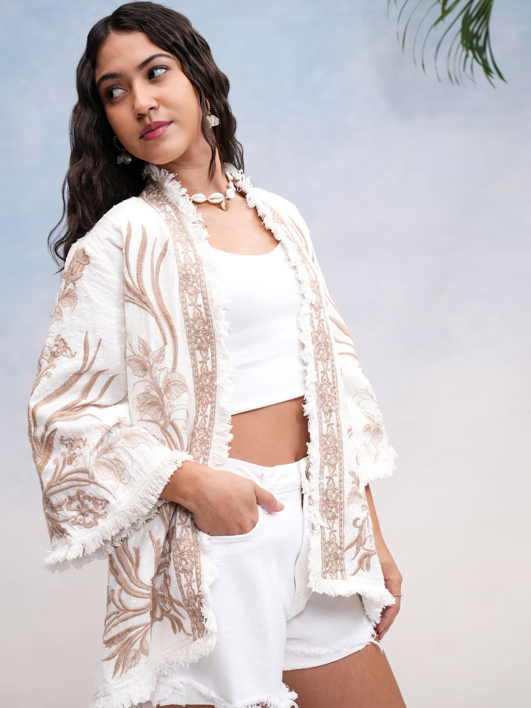 Vishudh Women Open Front Embroidered Kimono Jacket