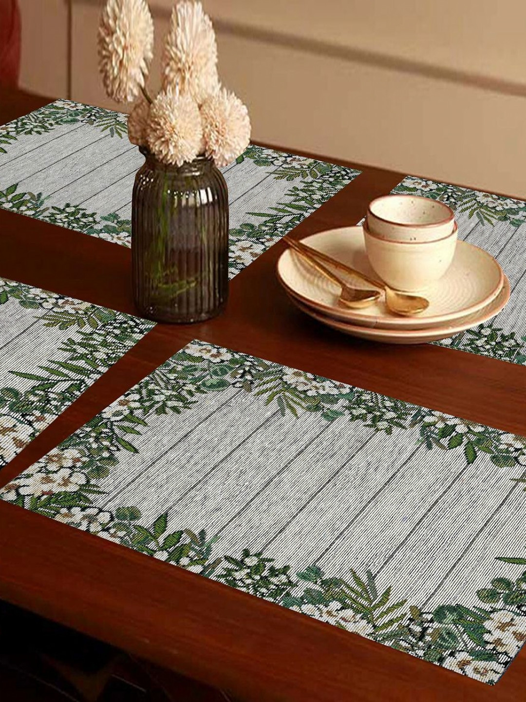 PRAKARTIK Set of 4 Green & Grey Printed Dining Table Mats