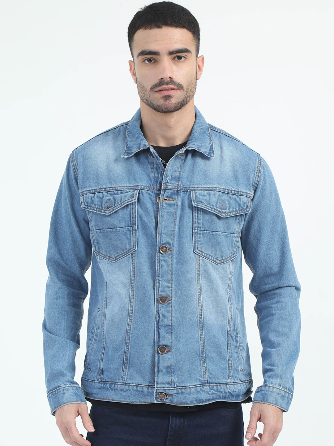 Plutus Men Spread Collar Faux Fur Trim Denim Jacket