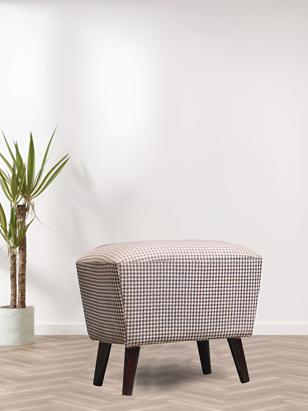 GLOBALLY INDIAN Camel Brown & Grey Checked Wooden Rectangle Ottoman